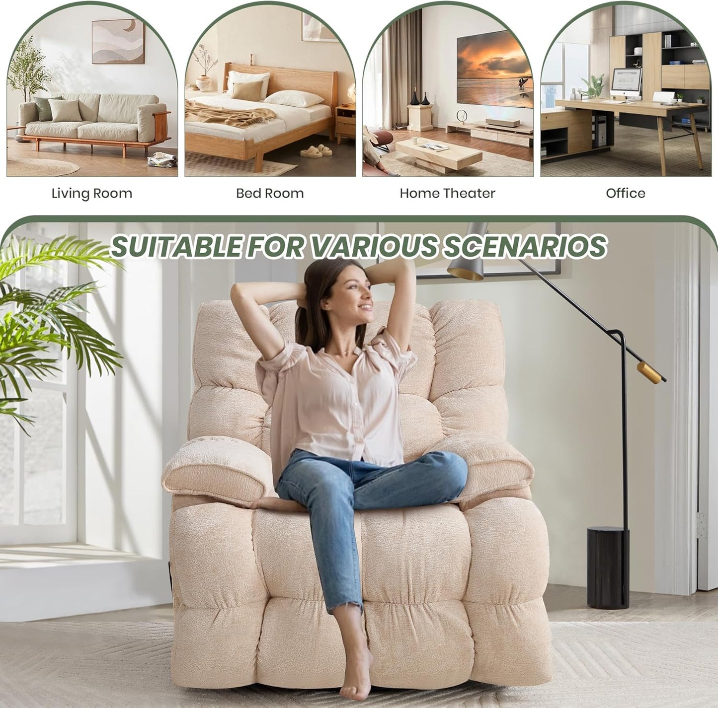 Oversized Rocker Recliner Chair 42” Power Swivel Recliner for Living Room Overstuffed Extra Wide Rocking Recliners with Breathable Soft Fabric Up to 400lbs(Manual Beige)