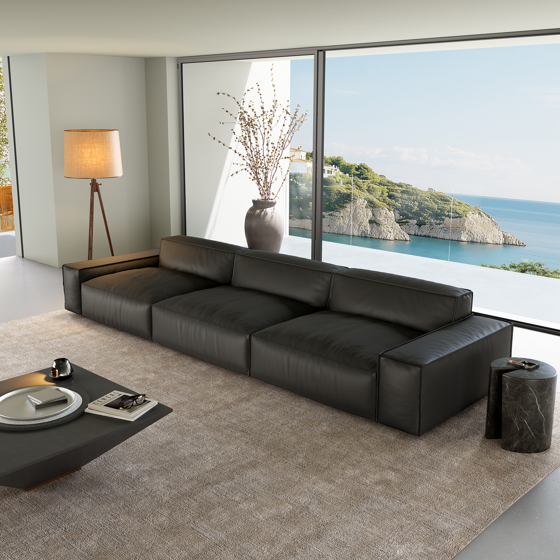 Luxury Minimalist Dark Brown Leather Sofa-Black