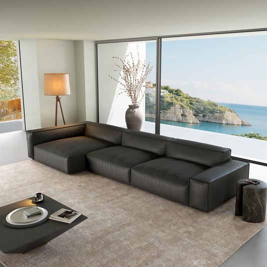 Luxury Minimalist Black Leather Sectional-Black