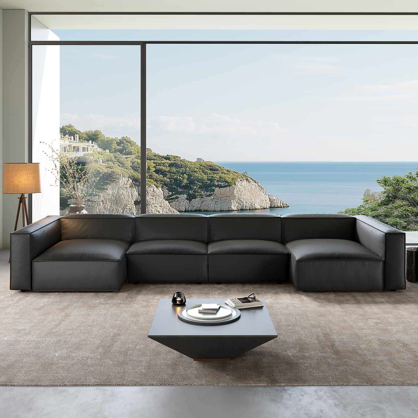 Luxury Minimalist Black Leather U-Shaped Sectional Sofa