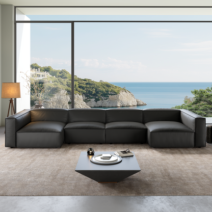 Luxury Minimalist Black Leather U-Shaped Sectional Sofa