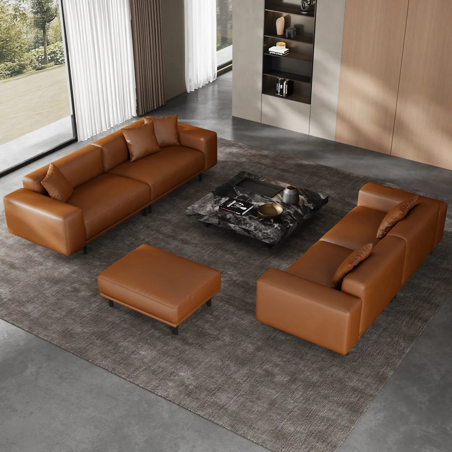 Noble Black Leather Sofa Set and Ottoman