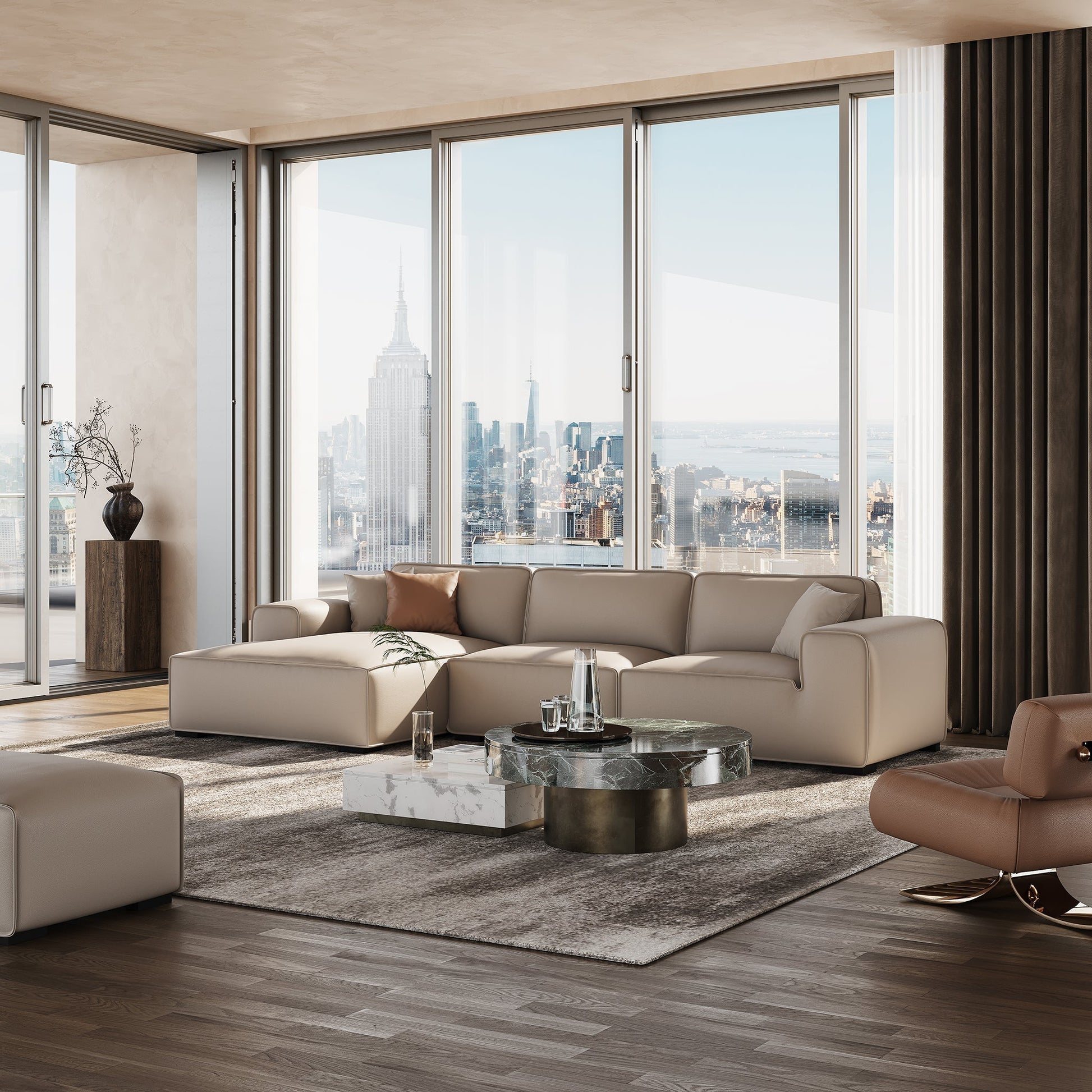 Domus Modular Beige Leather Sectional Sofa-Beige