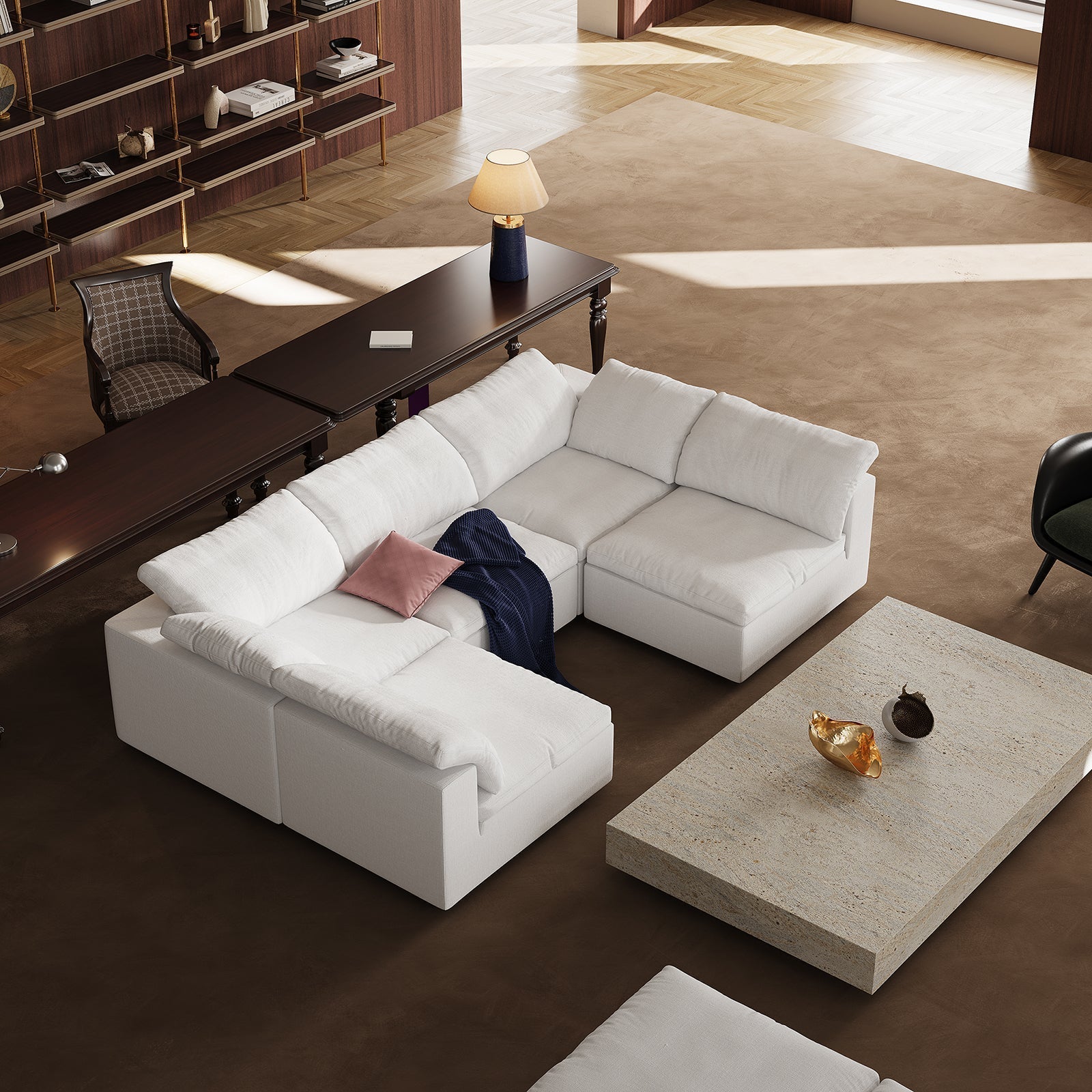 Tender Wabi Sabi Sand U Shaped Sectional with Open Ends-White-128.0"