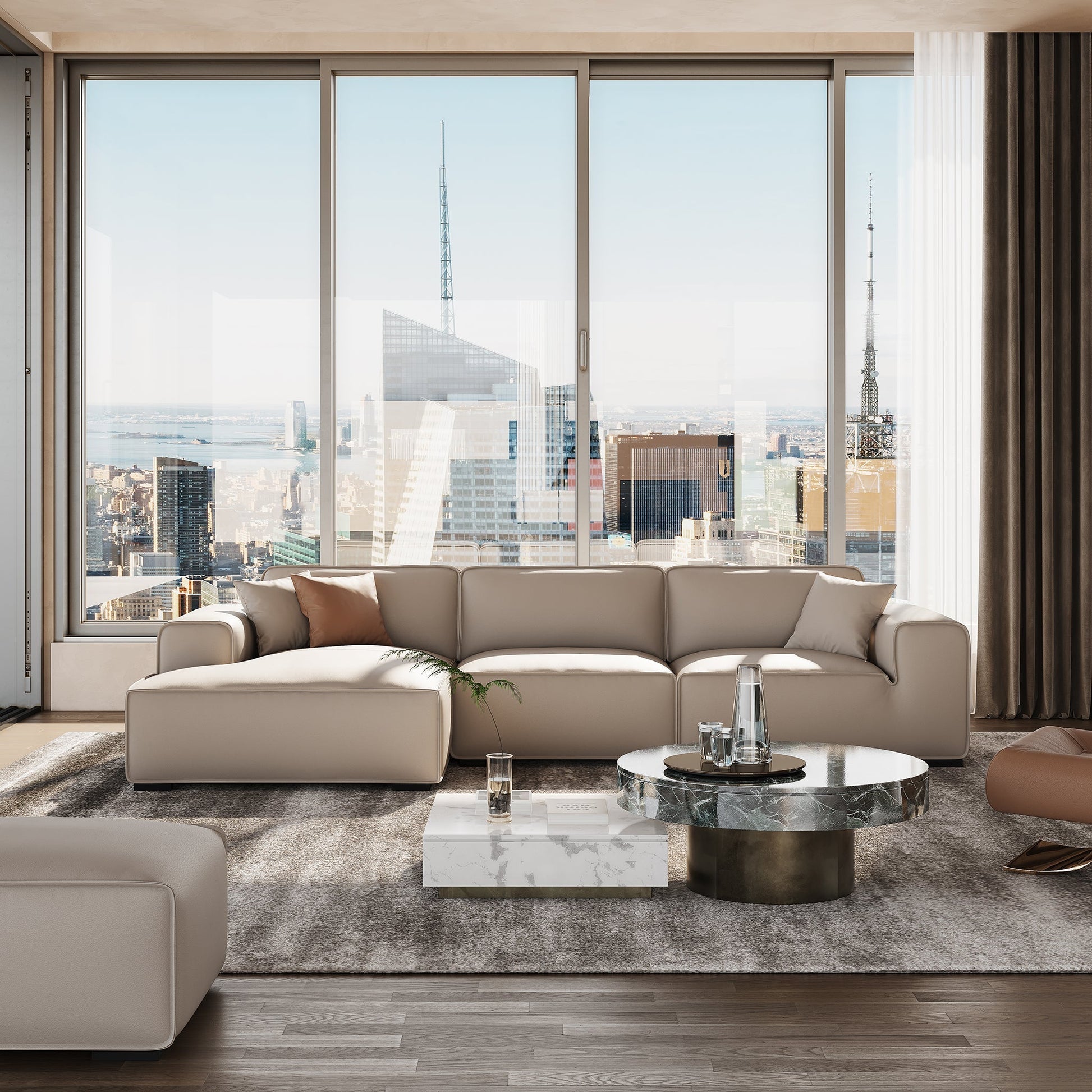 Domus Modular Black Leather Sectional Sofa-Beige