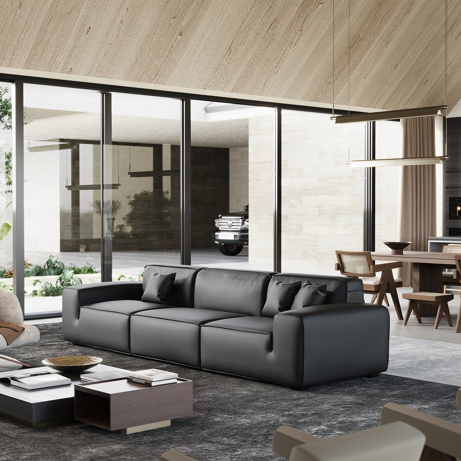 Domus Modular Khaki Leather Sofa-Black