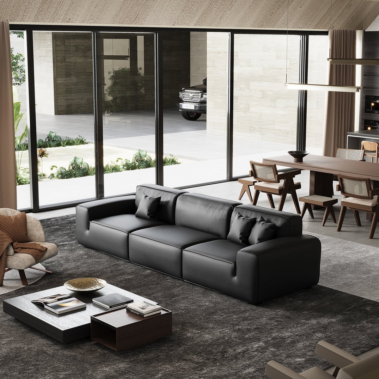 Domus Modular Black Leather Sofa-Black