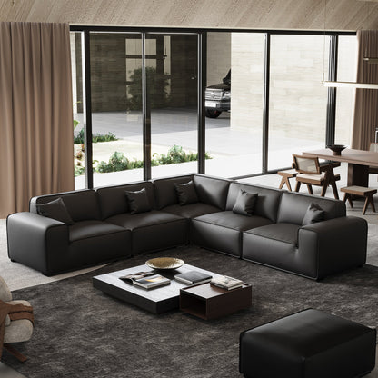Domus Modular Black Leather Sectional Sofa-Black-5 Seater(126.8")