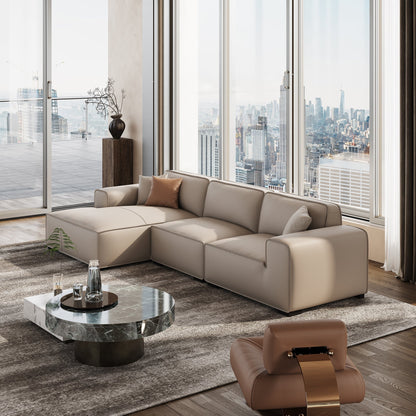 Domus Modular Khaki Leather Sectional Sofa-Beige