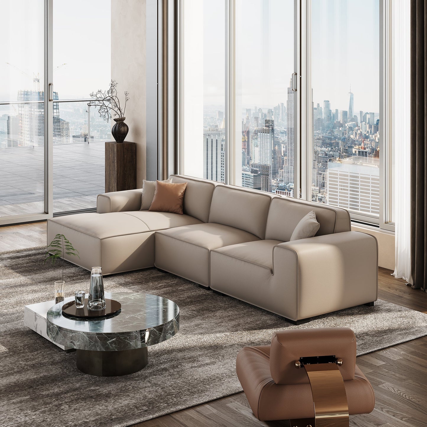 Domus Modular Beige Leather Sectional Sofa-Beige