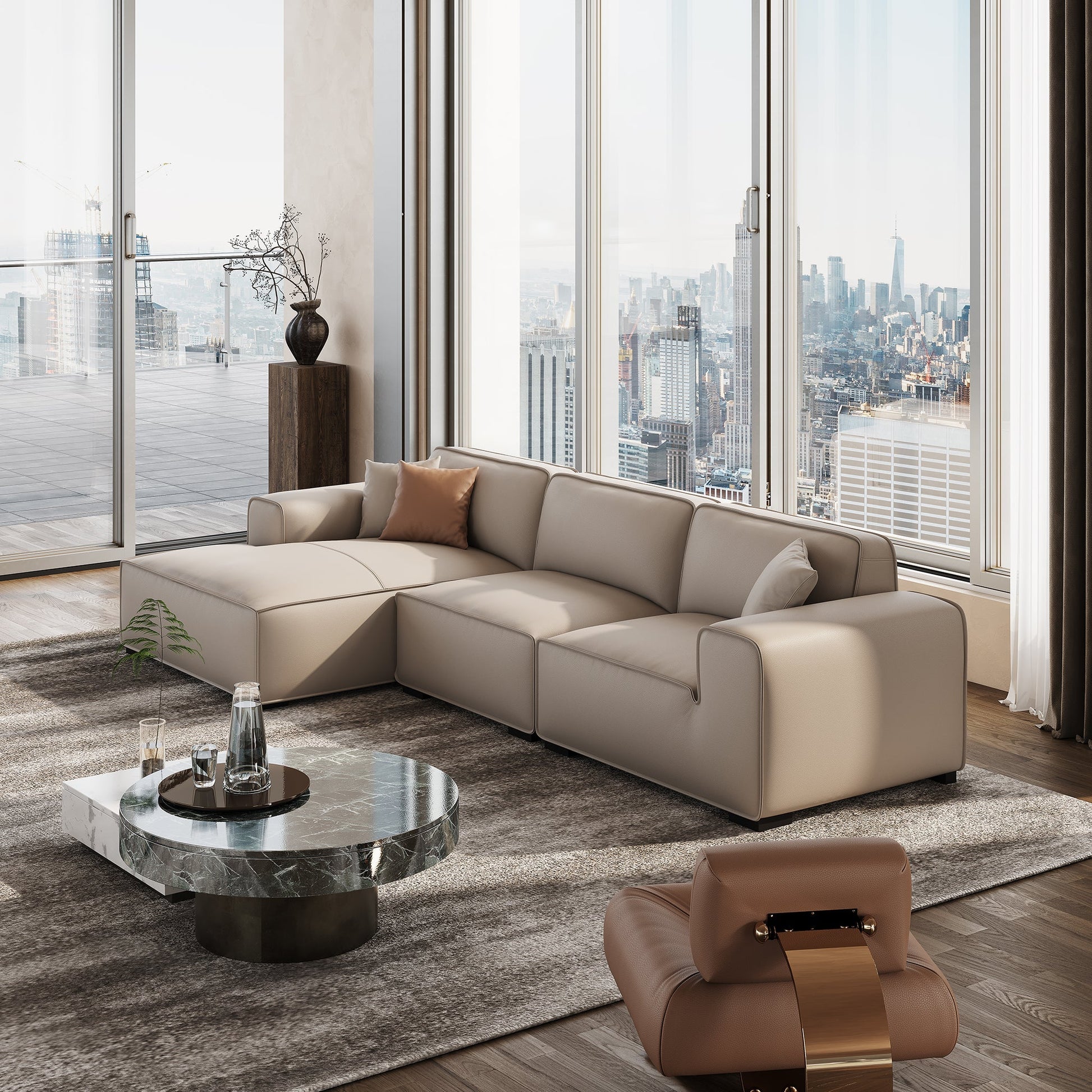Domus Modular Black Leather Sectional Sofa-Beige