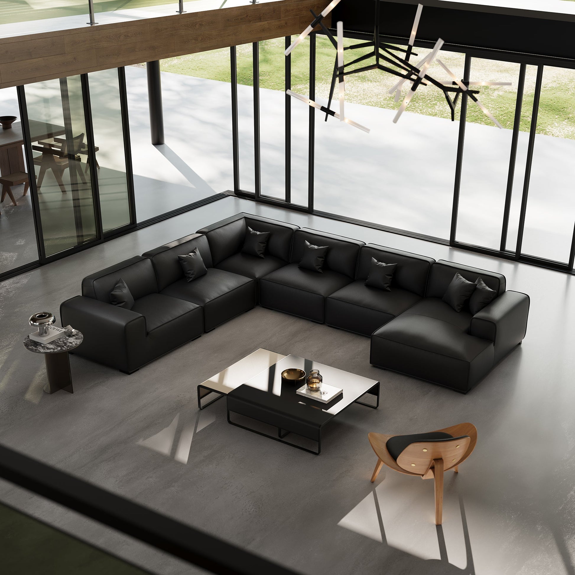 Domus Modular Black Leather U Shaped Sectional-Black