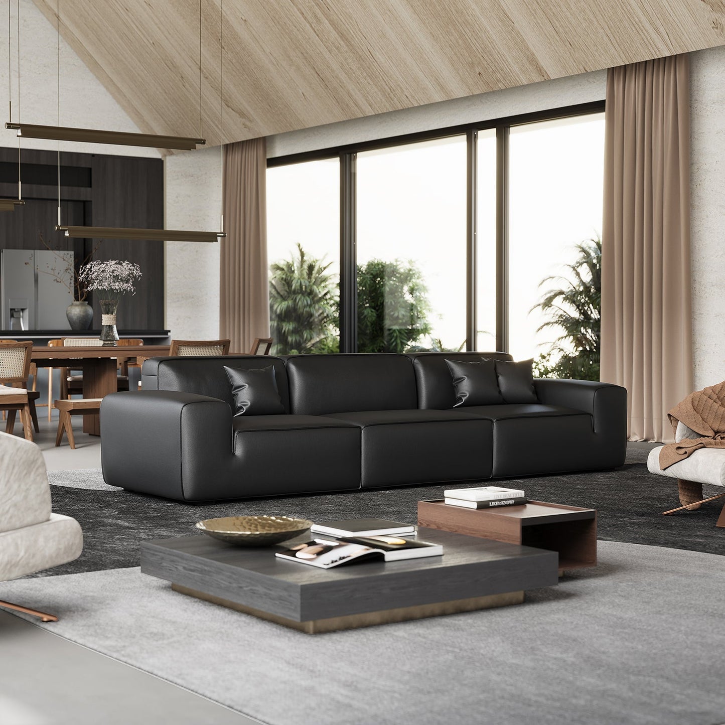 Domus Modular Black Leather Sofa-Black