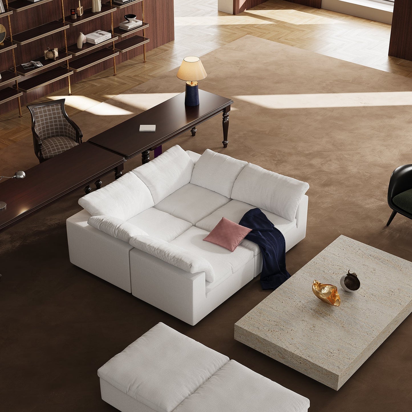 Tender Wabi Sabi Sand U Shaped Sectional with Open Ends-White-90.6"