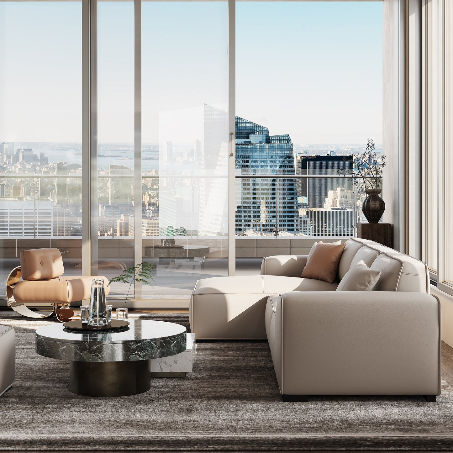 Domus Modular Black Leather Sectional Sofa-Beige