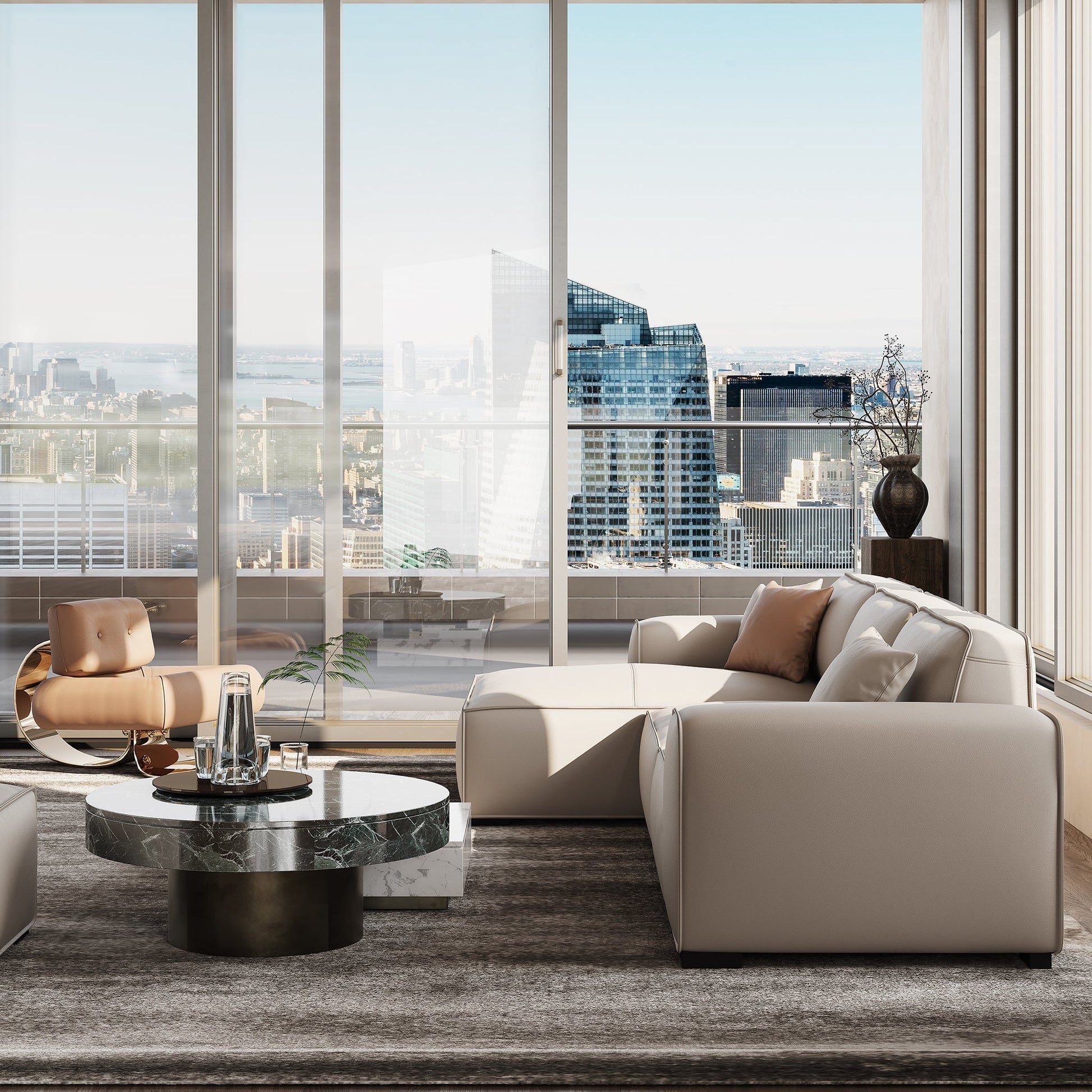 Domus Modular Beige Leather Sectional Sofa-Beige