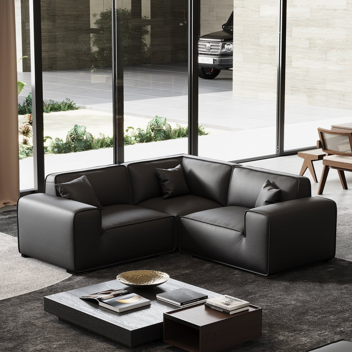 Domus Modular Black Leather Sectional Sofa-Black-3 Seater(91.3")