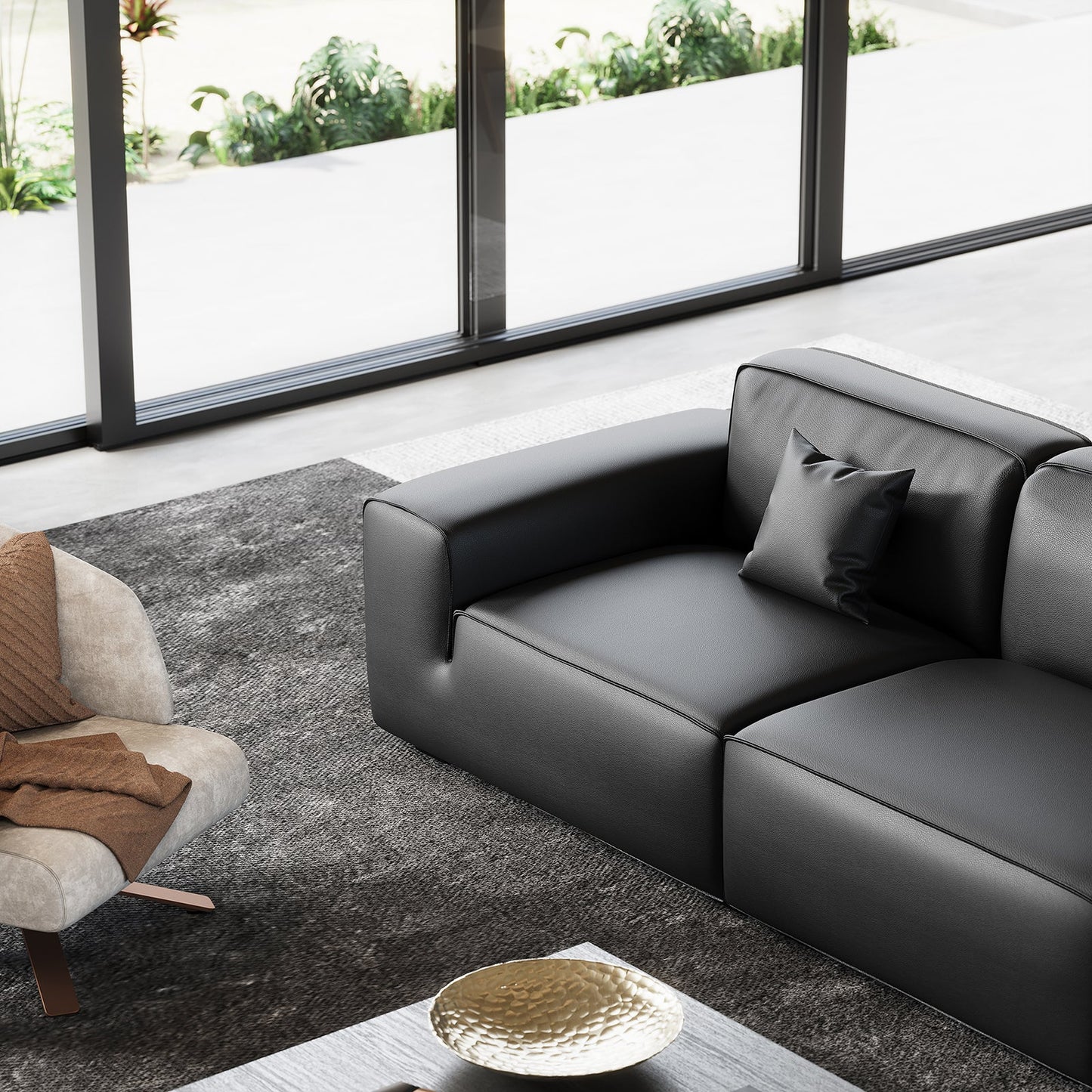 Domus Modular Dark Gray Leather Sofa-Black