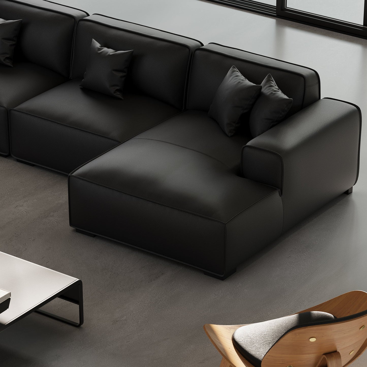 Domus Modular Black Leather U Shaped Sectional-Black