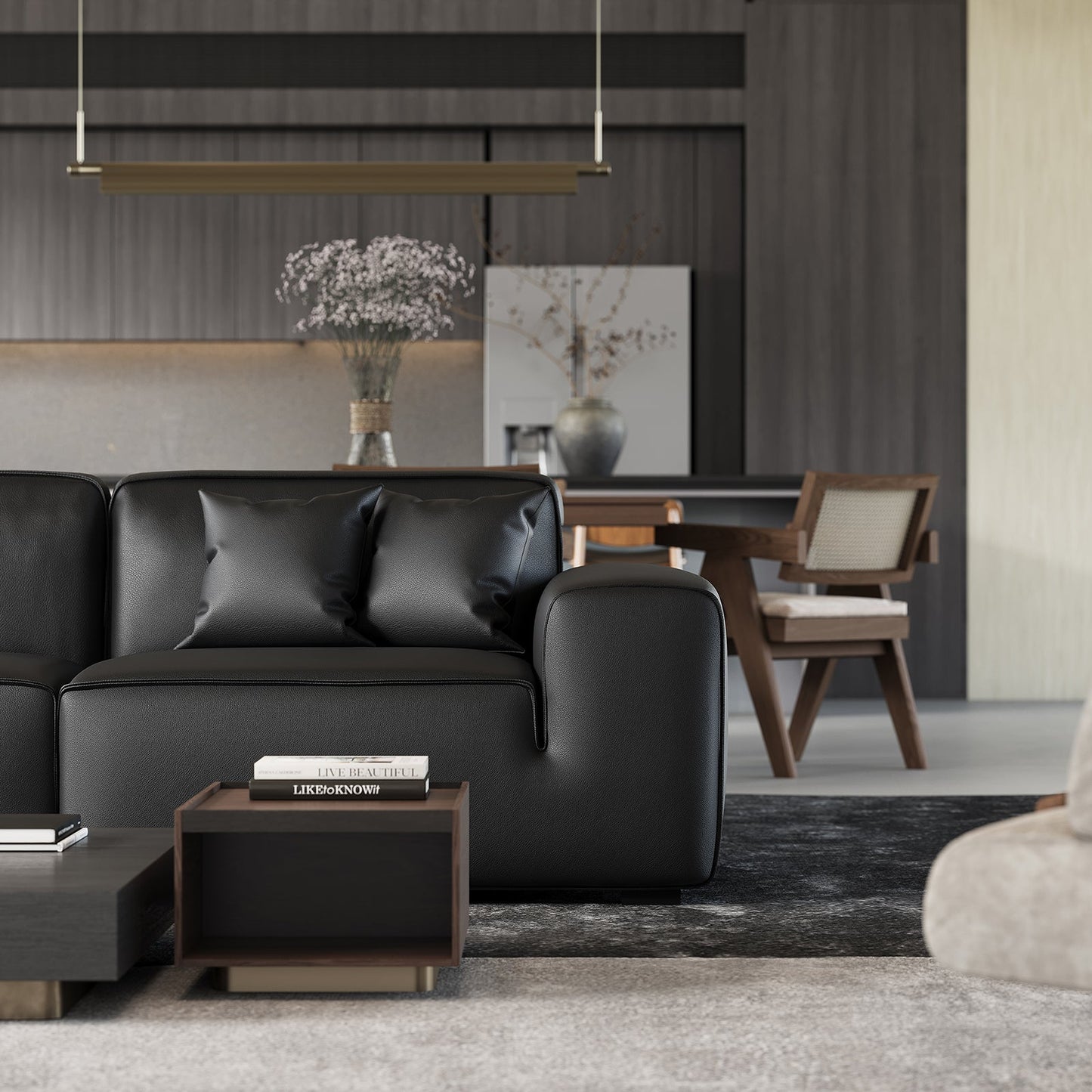 Domus Modular Khaki Leather Sofa-Black
