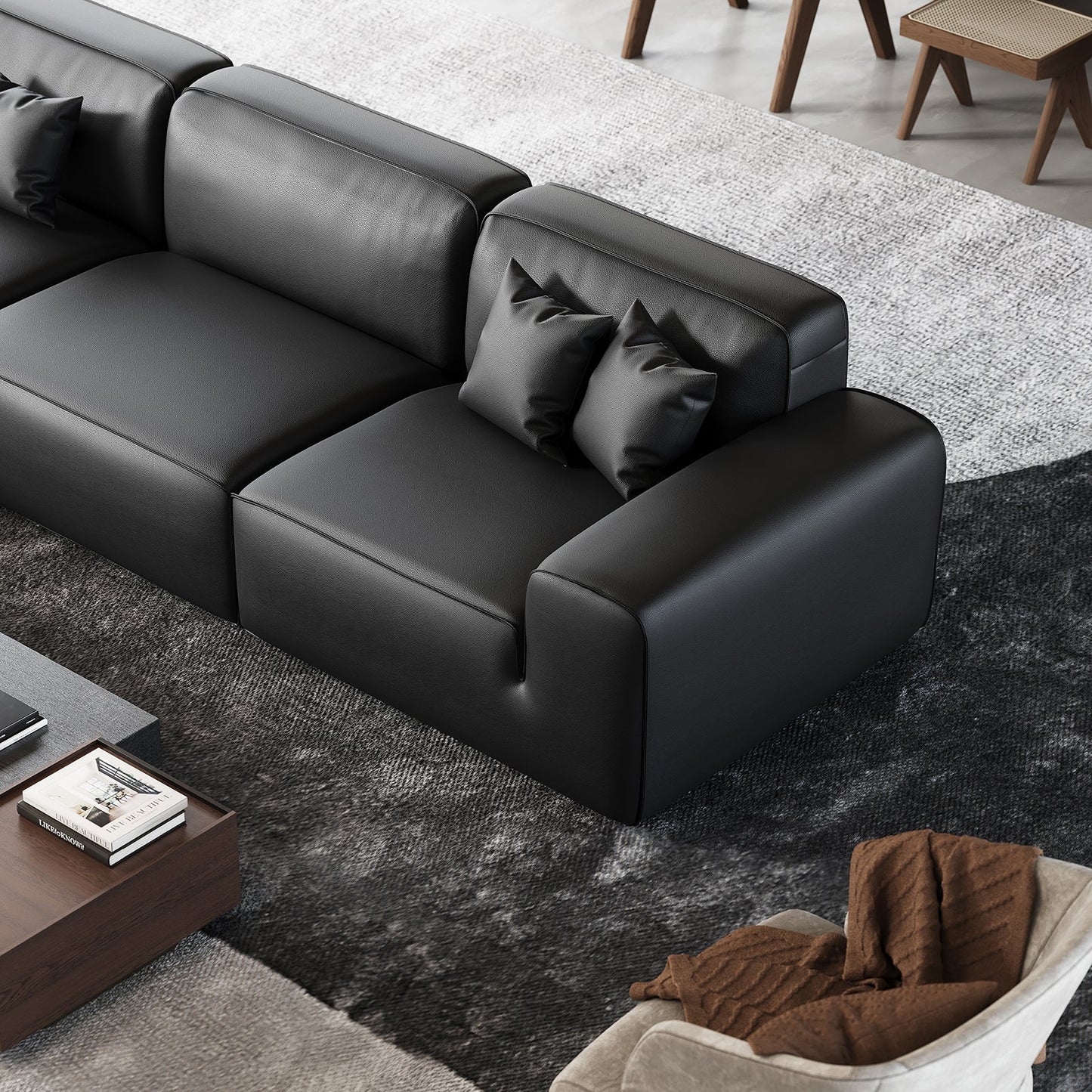 Domus Modular Khaki Leather Sofa-Black