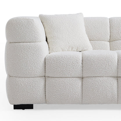 Cushy Cream Boucle Fabric Tufted Sofa With Ottoman-White