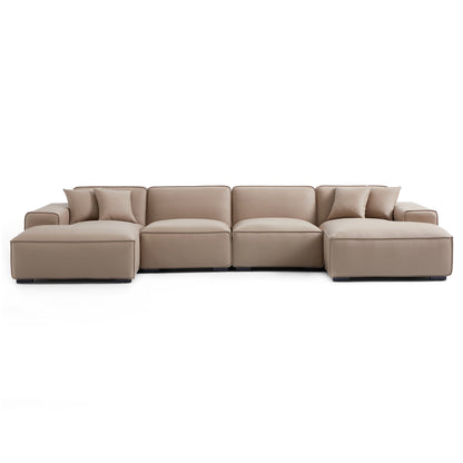 Domus Modular Black Leather Double Chaise Sectional-Khaki-157.5″