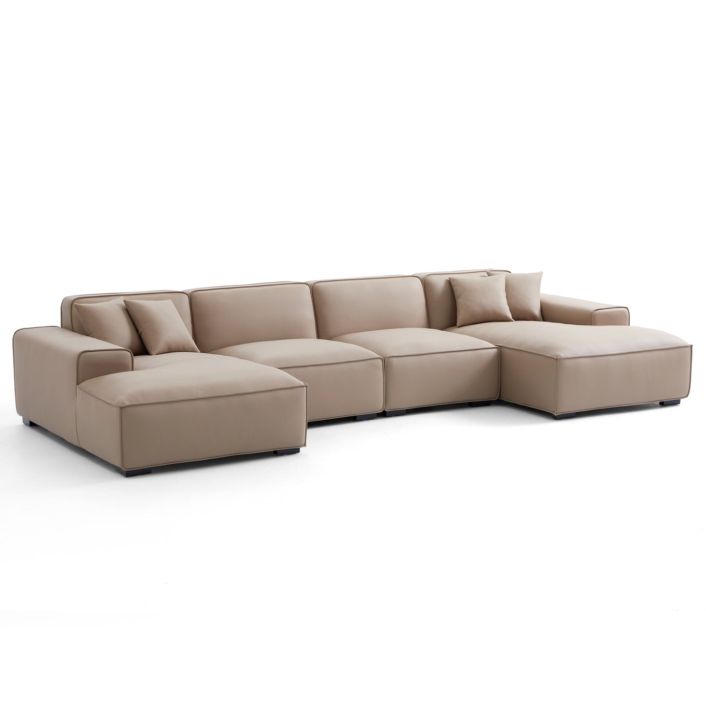 Domus Modular Black Leather Double Chaise Sectional-Khaki-157.5″