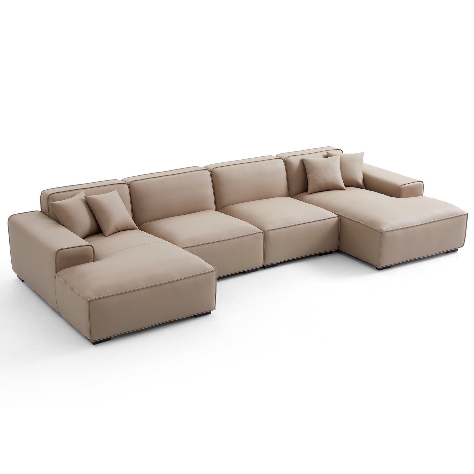 Domus Modular Black Leather Double Chaise Sectional-Khaki-157.5″