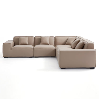 Domus Modular Khaki Leather L Shaped Sectional-Khaki-5 Seater(126.8")