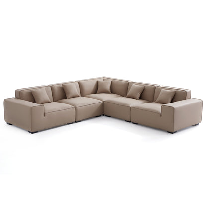 Domus Modular Black Leather L Shaped Sectional-Khaki-5 Seater(126.8")