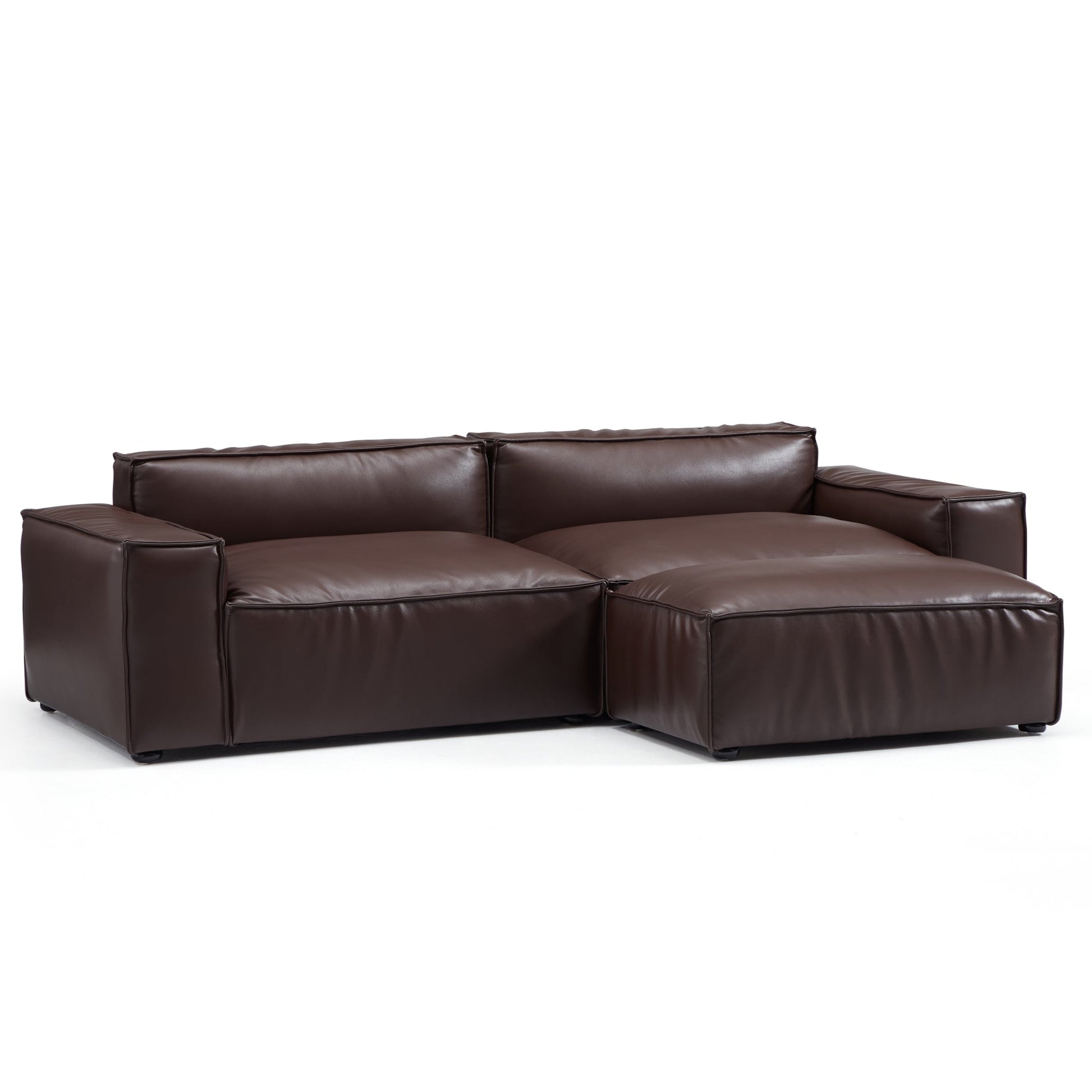 Luxury Minimalist Dark Brown Leather Sofa and Ottoman-Dark Brown-100.8"