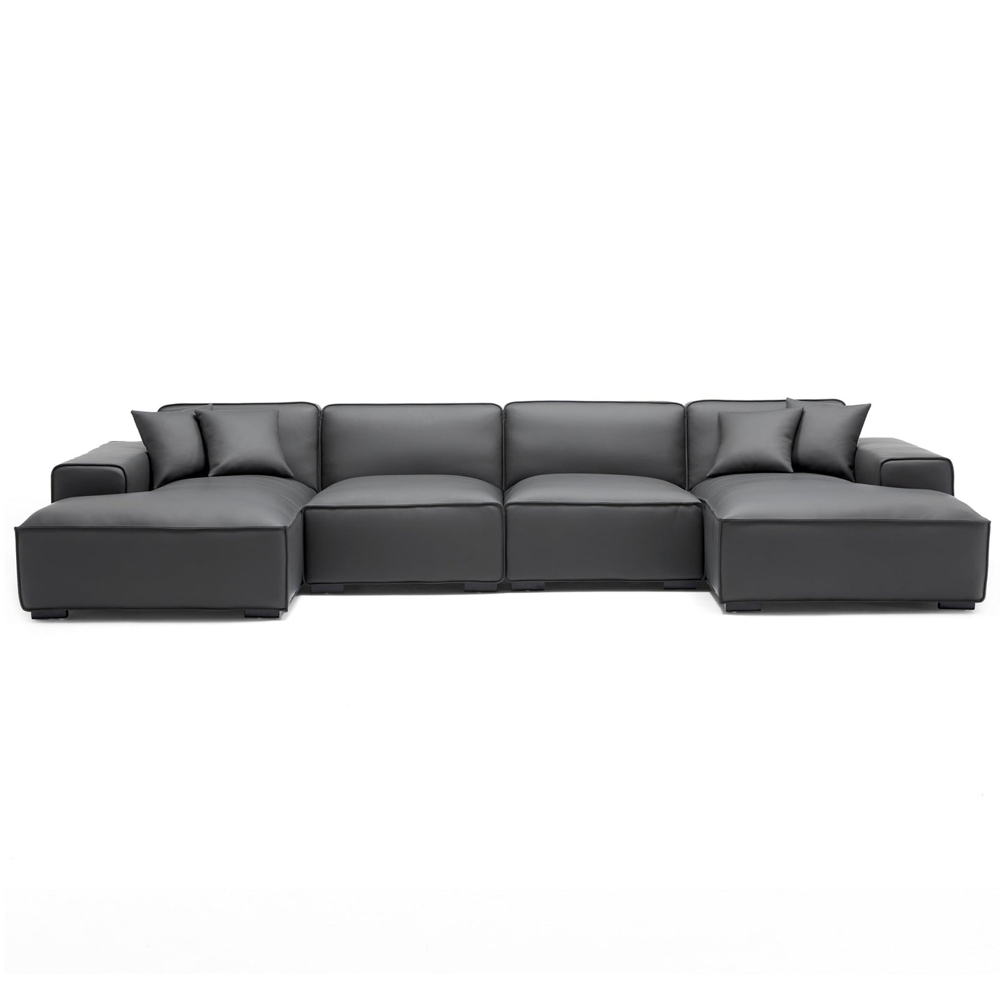 Domus Modular Black Leather Double Chaise Sectional-Dark Gray-157.5″