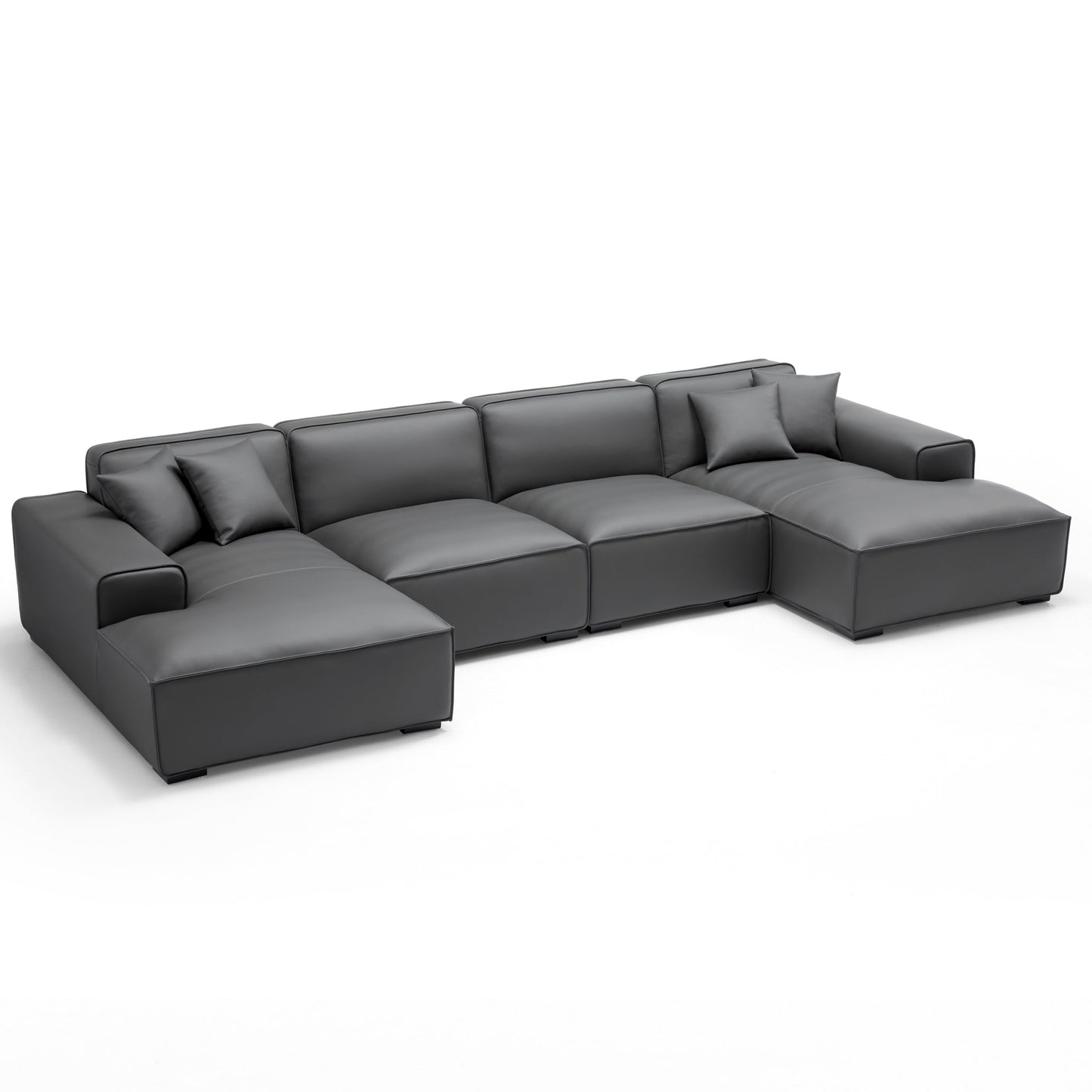 Domus Modular Black Leather Double Chaise Sectional-Dark Gray-157.5″