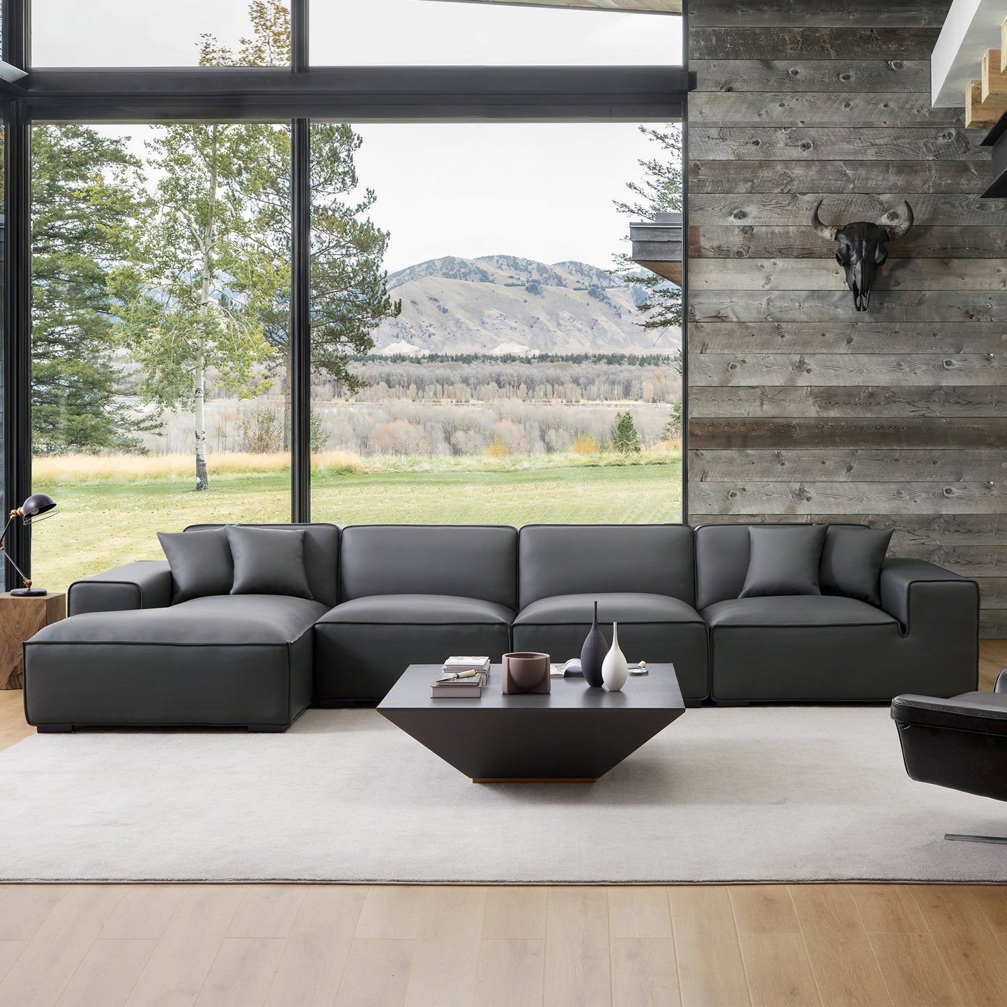 Domus Modular Dark Gray Leather Sectional Sofa-Dark Gray