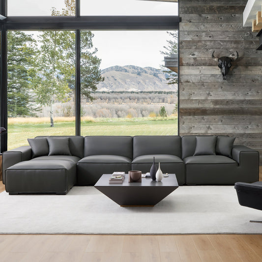 Domus Modular Dark Gray Leather Sofa and Ottoman-Dark Gray