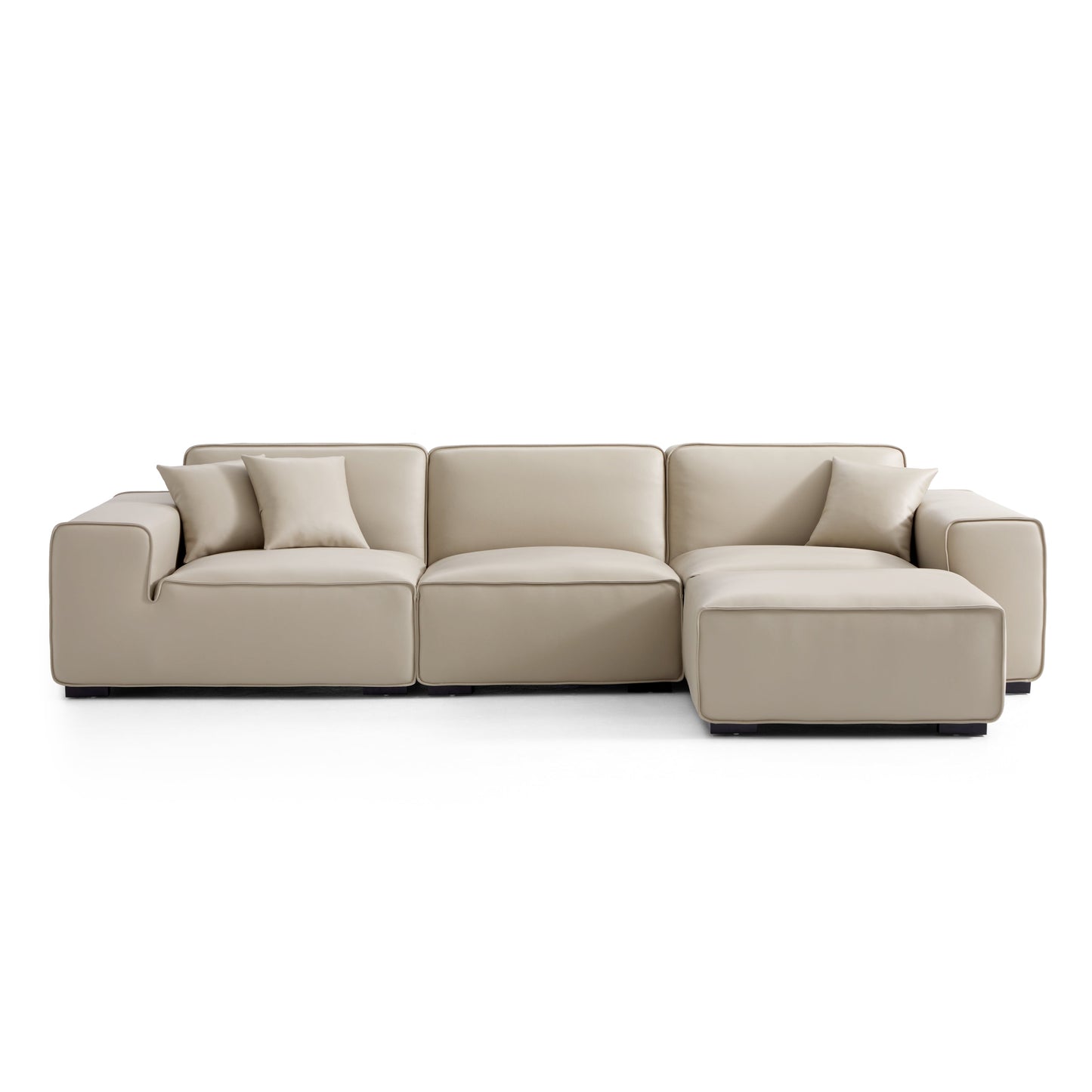 Domus Modular Khaki Leather Sofa and Ottoman-Beige-129.9"