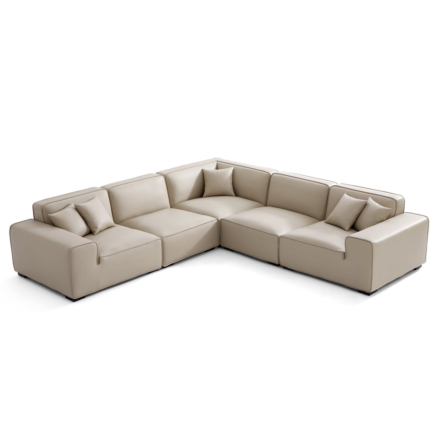 Domus Modular Khaki Leather L Shaped Sectional-Beige-5 Seater(126.8")