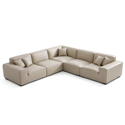 Domus Modular Khaki Leather L Shaped Sectional-Beige-5 Seater(126.8")