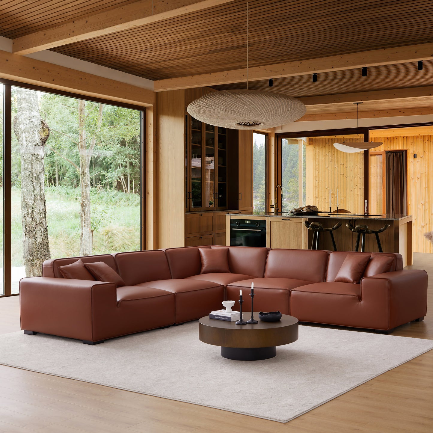 Domus Modular Beige Leather L Shaped Sectional-Brown
