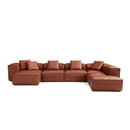 Cube Modular Brown Genuine Leather U Shaped Sectional-Brown
