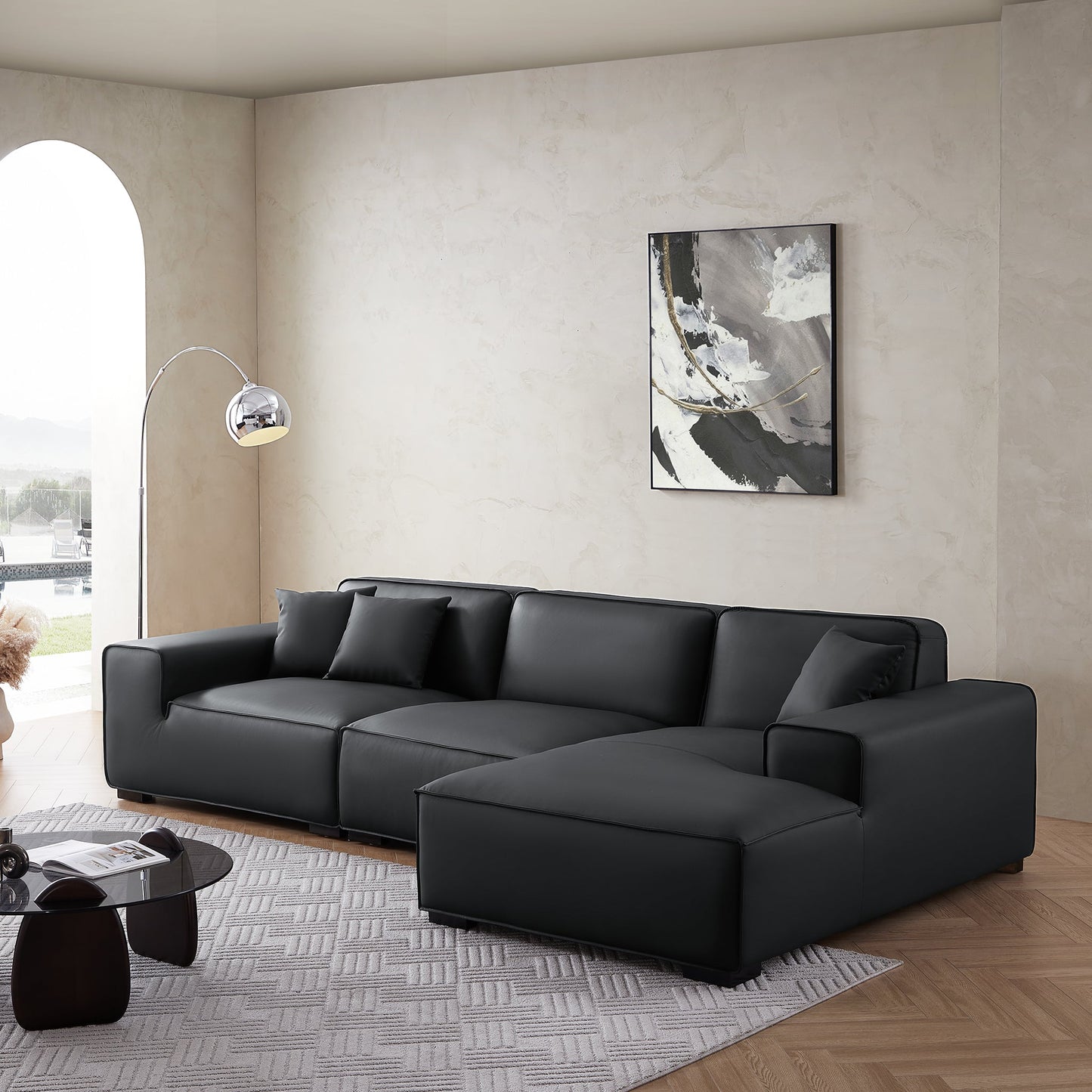 Domus Modular Black Leather Sectional Sofa-Black