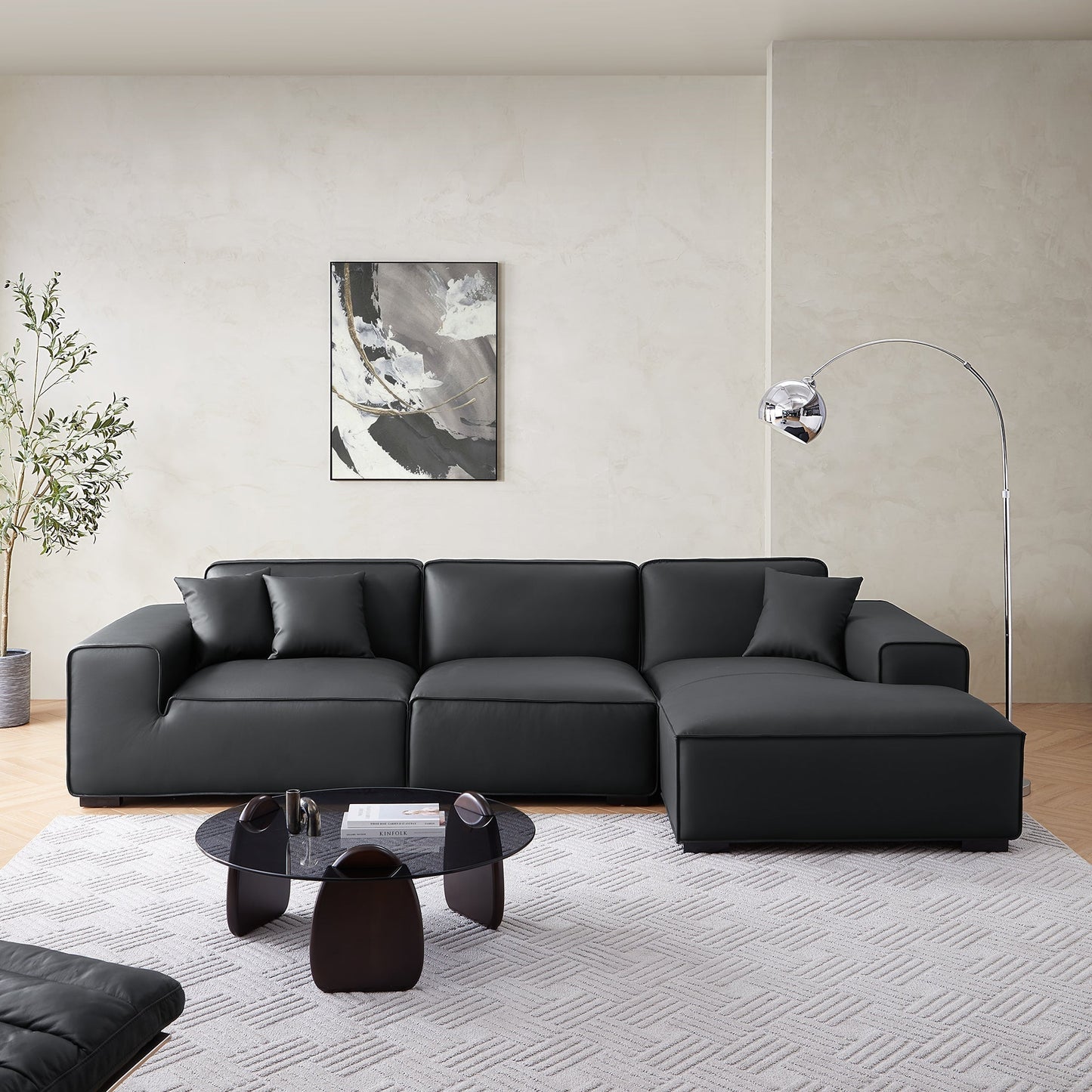 Domus Modular Beige Leather Sectional Sofa-Black