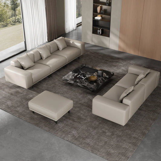 Noble Beige Leather Sofa and Ottoman