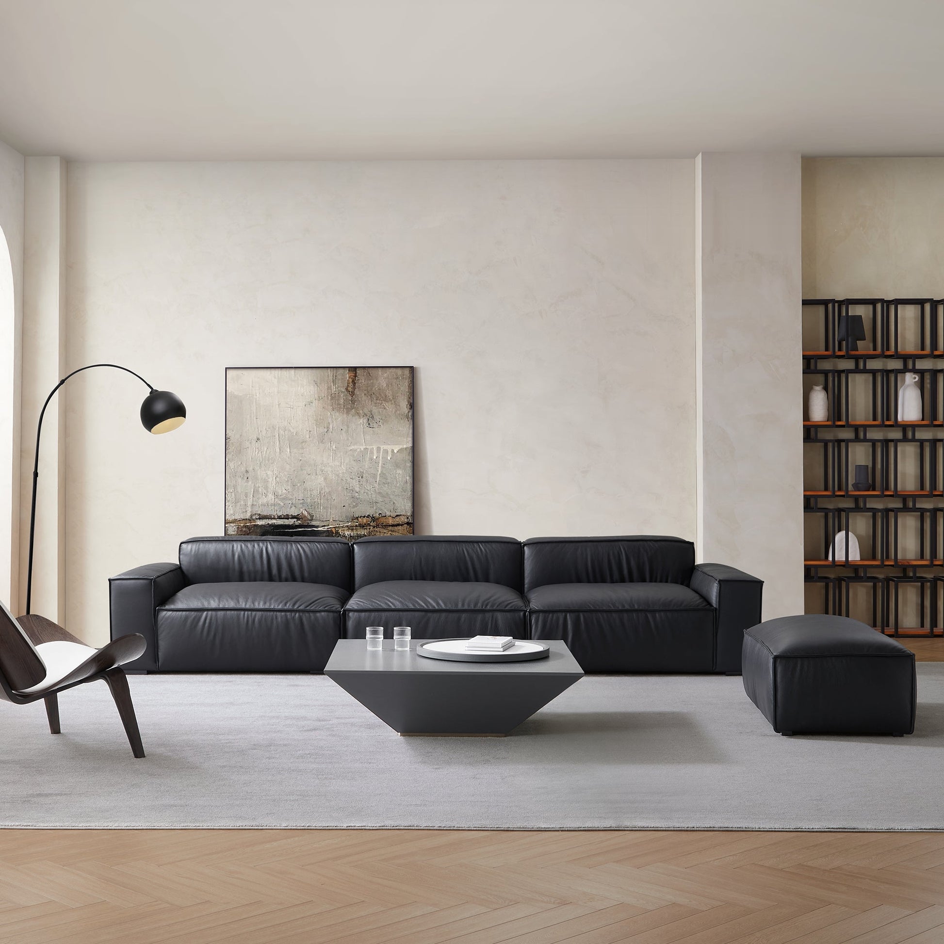 Luxury Minimalist Dark Brown Leather Sofa and Ottoman-Black
