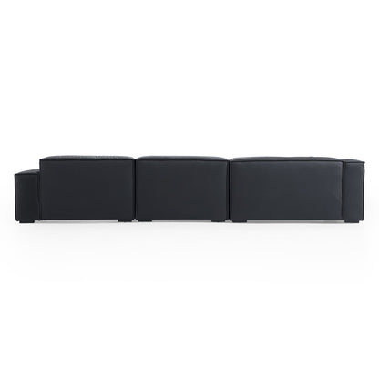 Luxury Minimalist Black Leather Sectional-Black-145.7"-Facing Right