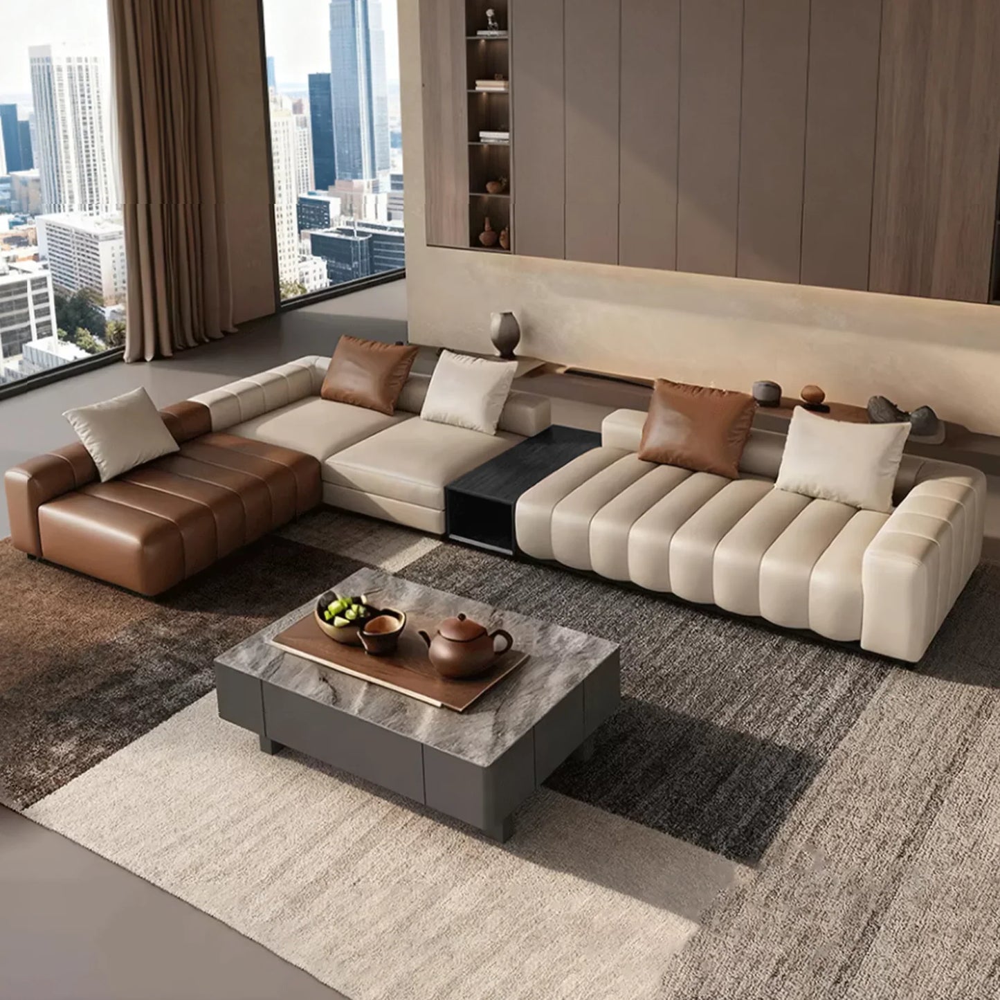 Piano L-Shaped Leather Sectional Sofa
