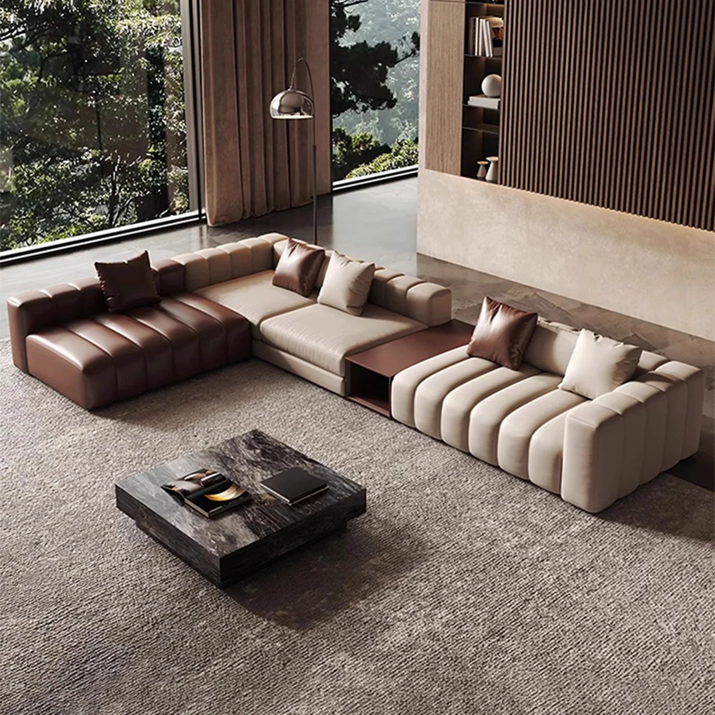 Piano L-Shaped Leather Sectional Sofa with Coffee Table