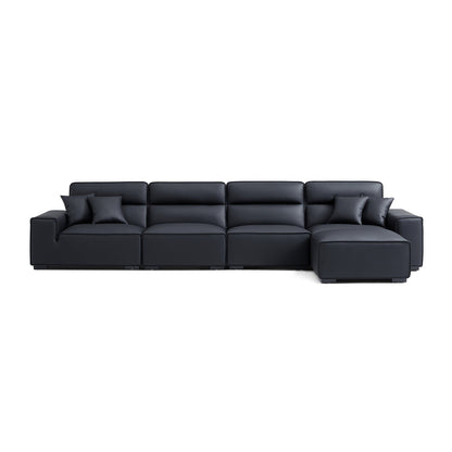 Domus High Back Modular Leather Sofa and Ottoman-Black-165.4"