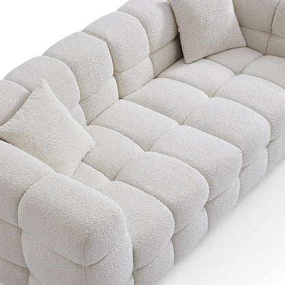 Cushy Cream Boucle Fabric Tufted Sofa With Ottoman-White